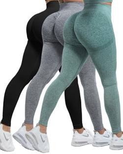CHRLEISURE 3 Stück Butt Lifting Leggings für Frauen, Gym Workout Scrunch Butt Nahtlose Yoga Leggings, 3 Packungen - Schwarz/Grau/Waldgrün, M von CHRLEISURE