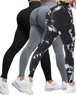 CHRLEISURE 3-teiliges Workout-Legging-Set für Damen, Fitnessstudio, Scrunch Butt Lifting, nahtlose Leggings, 3 Packungen – Schwarz/Grau/Schwarz gefärbt, S von CHRLEISURE