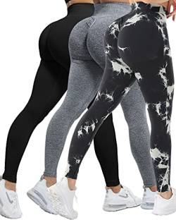 CHRLEISURE Butt Lifting Workout Leggings für Damen, Scrunch Butt Gym Nahtlose Booty Tight, 3 Packungen – Schwarz/Grau/Schwarz, Groß von CHRLEISURE