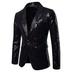 CHRONSTYLE Herren Slim Fit Sakko Blazer Anzugjacke Freizeit EIN-Knopf Pailletten Glitter Anzug Jacke Karneval Kostüm für Hochzeit Party Festlich (Schwarz, L) von CHRONSTYLE