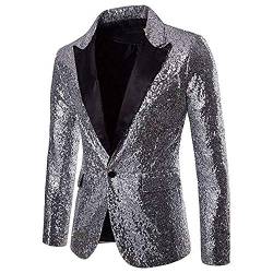 CHRONSTYLE Herren Slim Fit Sakko Blazer Anzugjacke Freizeit EIN-Knopf Pailletten Glitter Anzug Jacke Karneval Kostüm für Hochzeit Party Festlich (Silber, L) von CHRONSTYLE