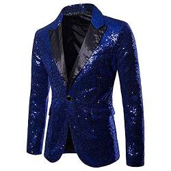 CHRONSTYLE Herren Slim Fit Sakko Blazer Anzugjacke Freizeit EIN-Knopf Pailletten Glitter Anzug Jacke Karneval Kostüm für Hochzeit Party Festlich (blau, M) von CHRONSTYLE