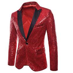 CHRONSTYLE Herren Slim Fit Sakko Blazer Anzugjacke Freizeit EIN-Knopf Pailletten Glitter Anzug Jacke Karneval Kostüm für Hochzeit Party Festlich (rot, L) von CHRONSTYLE