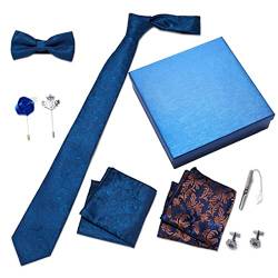 CHSEEO Herren Paisley Krawatten, Krawatte Blau mit Einstecktücher, Fliege Dunkelblau Herren, Krawattenklammer Set für Hochzeitsanzug Herren, Geschenke für Männer, Papa Geschenke von CHSEEO