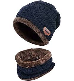 CHUANGOU Beanie Hut Schal Set，Warme Strickmütze，für Männer Frauen Kinder Skifahren oder Outdoor（Navy blau）. von CHUANGOU