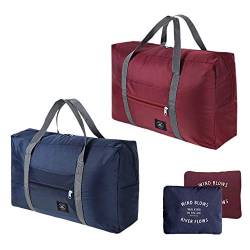 2er Pack Faltbare leichte Reisetasche, wasserdichtes Reisegepäck, tragbare Tasche für Fitnessstudio, Sport, Urlaub, Picknick (Weinrot & Marineblau) von CHULAI