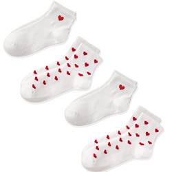 CHUNFO Damen-Socken mit niedlichem Herz, weiß, rot, mit Rüschen, lustiges Bärenmuster, langer Knöchel, ästhetische Mädchen-Socken, 4 und mehr Paar, 4 Stück – Herzmuster – weiß x 4, Einheitsgröße von CHUNFO