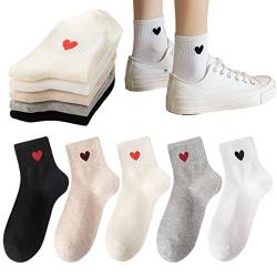CHUNFO Damen-Socken mit niedlichem Herz, weiß, rot, mit Rüschen, lustiges Bärenmuster, langer Knöchel, ästhetische Mädchen-Socken, 4 und mehr Paar, 5 Stück – Herzmuster, Einheitsgröße von CHUNFO