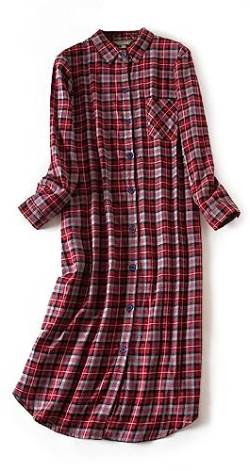 CHUNG Damen Nachthemd Kariertes Nachtkleid Langärmeliges Nachtshirt Kuscheliges Flanell Nachtwäsche aus gebürsteter Baumwolle Gray Red 2XL von CHUNG