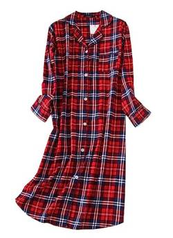CHUNG Damen Nachthemd Kariertes Nachtkleid Langärmeliges Nachtshirt Kuscheliges Flanell Nachtwäsche aus gebürsteter Baumwolle Red Plaid L von CHUNG