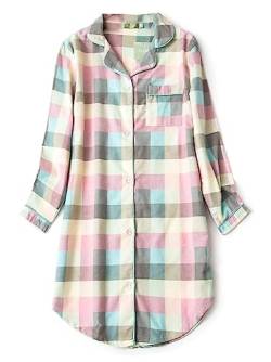 CHUNG Damen Nachthemd Langarm Knopfleiste Frauen Kariertes Schlafhemd Plaid Schlafshirt Tartan Pyjamas Flanell Baumwolle GrnPlaid M von CHUNG