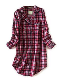 CHUNG Damen Nachthemd Langarm Knopfleiste Frauen Kariertes Schlafhemd Plaid Schlafshirt Tartan Pyjamas Flanell Baumwolle GryRedPlaid L von CHUNG