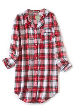 CHUNG Damen Nachthemd Langarm Knopfleiste Frauen Kariertes Schlafhemd Plaid Schlafshirt Tartan Pyjamas Flanell Baumwolle RedWtPlaid XL von CHUNG