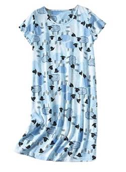 CHUNG Damen Nachthemden Kurzarm Nachtkleid Schlafhemd Sommer Schlafshirt Kurzarmshirt Baumwolle Nachtwäsche Mit Sterne Animals BlueSheep, L von CHUNG