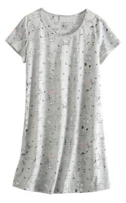 CHUNG Damen Nachthemden Kurzarm Nachtkleid Schlafhemd Sommer Schlafshirt Kurzarmshirt Baumwolle Nachtwäsche Mit Sterne Animals GreyKitty, L von CHUNG