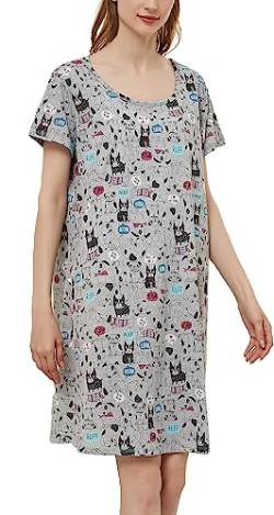 CHUNG Damen Nachthemden Kurzarm Nachtkleid Schlafhemd Sommer Schlafshirt Kurzarmshirt Baumwolle Nachtwäsche Mit Sterne Animals GreyPuppy, S von CHUNG