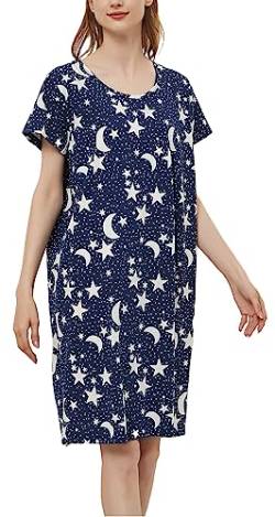 CHUNG Damen Nachthemden Kurzarm Nachtkleid Schlafhemd Sommer Schlafshirt Kurzarmshirt Baumwolle Nachtwäsche Mit Sterne Animals NavyStar, L von CHUNG