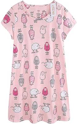 CHUNG Damen Nachthemden Kurzarm Nachtkleid Schlafhemd Sommer Schlafshirt Kurzarmshirt Baumwolle Nachtwäsche Mit Sterne Animals Pink Sheep, S von CHUNG