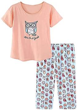 CHUNG Damen Schlafanzug Capri Pyjama Kurzen Ärmeln 3/4 Lange Hose Mit Sternen Animal Print, OrangeOwl S von CHUNG
