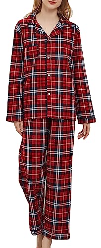 CHUNG Damen Schlafanzug Gebürstete Baumwolle langärmelig Knopfleiste Oberteil Hose Flanell Nachtwäsche Lounge gemütlich Warm Winter Übergröße Rotes Tartan-Muster, 36 von CHUNG