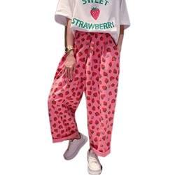 CHUNNUAN Japanischer Stil Sommer Freizeithose Ulzzang koreanische lose Hose Damen Erdbeerdruck Hosen Erdbeere Harajuku Streetwear Y2K-1, M von CHUNNUAN