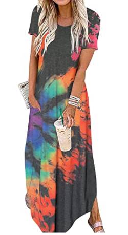 CHUNTIANRAN Damen 2023 Casual Lose Maxi Kleid Sommer Kurzarm Strand Lange Sommerkleid T Shirts Kleider mit Taschen, Rückwärts, Mittel von CHUNTIANRAN