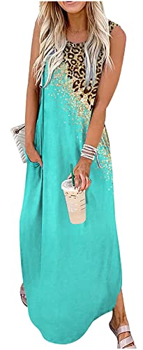 CHUNTIANRAN Damen Maxikleid Sommer Casual Sommerkleid Ärmellos Lange Kleider Hawaii Strand Maxikleid mit Taschen, Leopardenmuster, Blau, Groß von CHUNTIANRAN