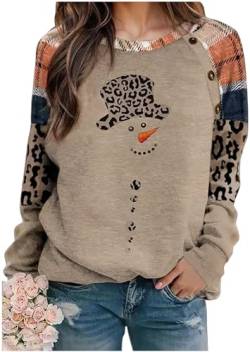 CHUNTIANRAN Weihnachten Schneemann Leopard Tunika für Frauen Farbblock Casual Langarm Gestreifte Bluse Rundhals Pullover T Shirt Tops, Kaki kariert, Mittel von CHUNTIANRAN