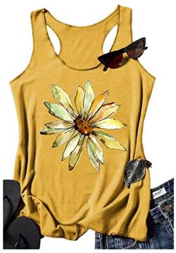 Damen Mandala Vintage Grafik Racerback Tank Tops Sommer Casual Loose O-Neck Tanks Weste Urlaub Klassische Passform Shirt Cami, Gelbe Gänseblümchen, Groß von CHUNTIANRAN