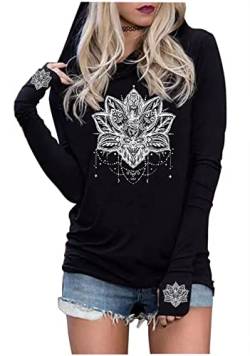 Langarm Hoodie Shirts für Frauen Live by The Sun Love by The Moon Hoodie Tops Gothic Neuheit Grafik Pullover T-Shirt, Mandala Schwarz, XXL von CHUNTIANRAN