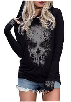 Langarm Hoodie Shirts für Frauen Live by The Sun Love by The Moon Hoodie Tops Gothic Neuheit Grafik Pullover T-Shirt, Totenkopf schwarz, M von CHUNTIANRAN