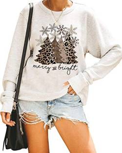 Pullover mit Leoparden-Weihnachtsbaum, Schneeflocke, fröhliches und helles Sweatshirt für Damen - Wei� - Large von CHUNTIANRAN