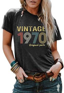 Retro 50. Geburtstag Geschenk Damen T-Shirts Vintage 1970 Originalteile T-Shirt Tops Geburtstag Party Kurzarm Tee Bluse, GRAU, Groß von CHUNTIANRAN