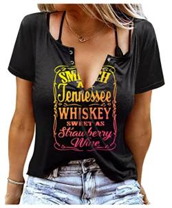 Smooth As Tennessee Whiskey Sweet As Strawberry Wine Country Music Tee Shirt für Frauen Sommer Ringloch V-Ausschnitt T-Shirts, schwarz 2, XX-Large von CHUNTIANRAN