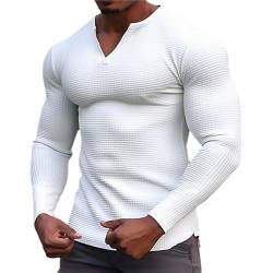 Herren-T-Shirt, langärmelig, schmale Passform, leicht, lässig, Pullover, V-Ausschnitt, weiß, M von CHUUMEE