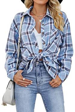 CHYRII Damen Button-Down-Flanell-Hemden, langärmelig, kariert, Business, Freizeit, Bluse, Blue Haze-7123, X-Groß von CHYRII