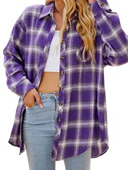 CHYRII Damen Button-Down-Flanell-Hemden, langärmelig, kariert, Business, Freizeit, Bluse, violett, Klein von CHYRII