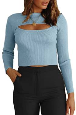 CHYRII Damen Cutout Langarm Strick Rippen Pullover Sweater Pullover Tops, Blue Haze, Klein von CHYRII