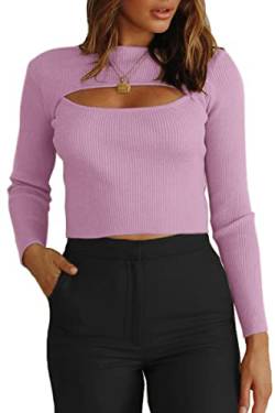 CHYRII Damen Cutout Langarm Strick Rippen Pullover Sweater Pullover Tops, Taro Purple, Klein von CHYRII