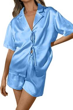 CHYRII Damen Seide Satin Pyjama Sets Tie Front Kurzarm Tops und Shorts Zweiteilige Pj Sets Nachtwäsche, Babyblau, XXL von CHYRII