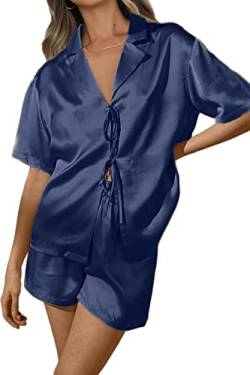 CHYRII Damen Seide Satin Pyjama Sets Tie Front Kurzarm Tops und Shorts Zweiteilige Pj Sets Nachtwäsche, Marineblau, L von CHYRII