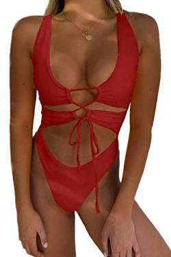 CHYRII Damen Sexy Ausschnitt Lace Up Rückenfrei High Cut Einteiler Badeanzug Monokini, Burgunder, Large von CHYRII