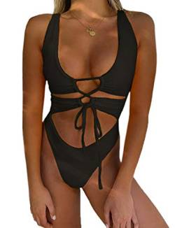 CHYRII Damen Sexy Ausschnitt Lace Up Rückenfrei High Cut Einteiler Badeanzug Monokini, Schwarz, Medium von CHYRII