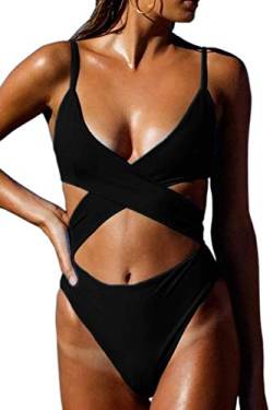 CHYRII Damen Sexy Criss Cross High Waist Cut Out One Piece Monokini Badeanzug, schwarz, Medium von CHYRII