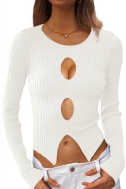 CHYRII Damen Sexy Herbst Mode Cutout Tops Rippstrick Winter Pullover Pullover Ausgehen Crop Tops, Weiss/opulenter Garten, Mittel von CHYRII