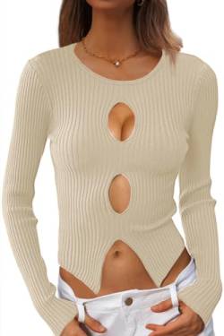 CHYRII Damen Sexy Herbst Mode Cutout Tops Rippstrick Winter Pullover Pullover Ausgehen Crop Tops, aprikose, Mittel von CHYRII