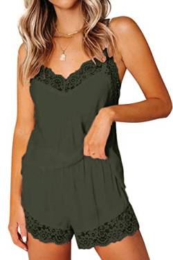 CHYRII Damen Sexy Seide Satin Pyjama Sets Spitzenbesatz Cami Tops Shorts Nachtwäsche, armee-grün, L von CHYRII