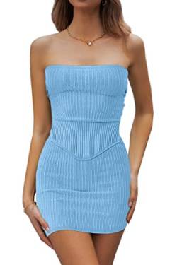 CHYRII Damen Sexy Sommer Zweiteilige Outfits Bandeau Ausgehen Crop Tops Bodycon Rock Sets Minikleid, Blau, M von CHYRII