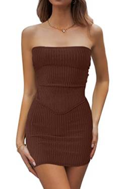 CHYRII Damen Sexy Sommer Zweiteilige Outfits Bandeau Ausgehen Crop Tops Bodycon Rock Sets Minikleid, Kaffee, XS von CHYRII