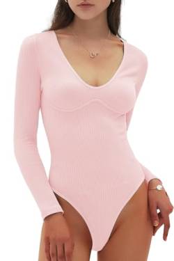 CHYRII Damen Sexy V-Ausschnitt Bodysuit Basic Gerippt Langarm Shirt Herbst Tops, Blasses Pink, S von CHYRII